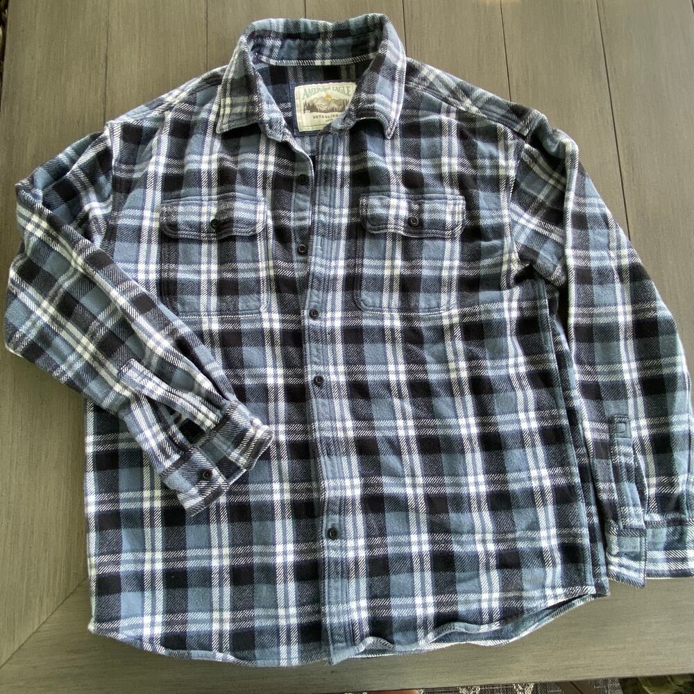 American Eagle Plaid Flannel Shirt • Large • Blue/Black/White • Thermal Lined